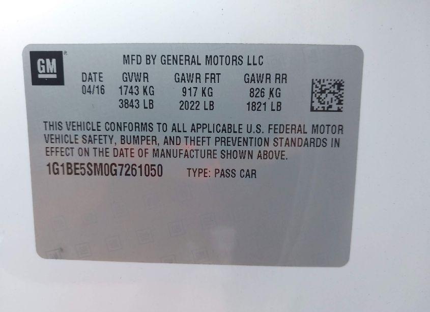 Photo 9 of 2016 Chevrolet Cruze LT AUTO (VIN 1G1BE5SM0G7261050)