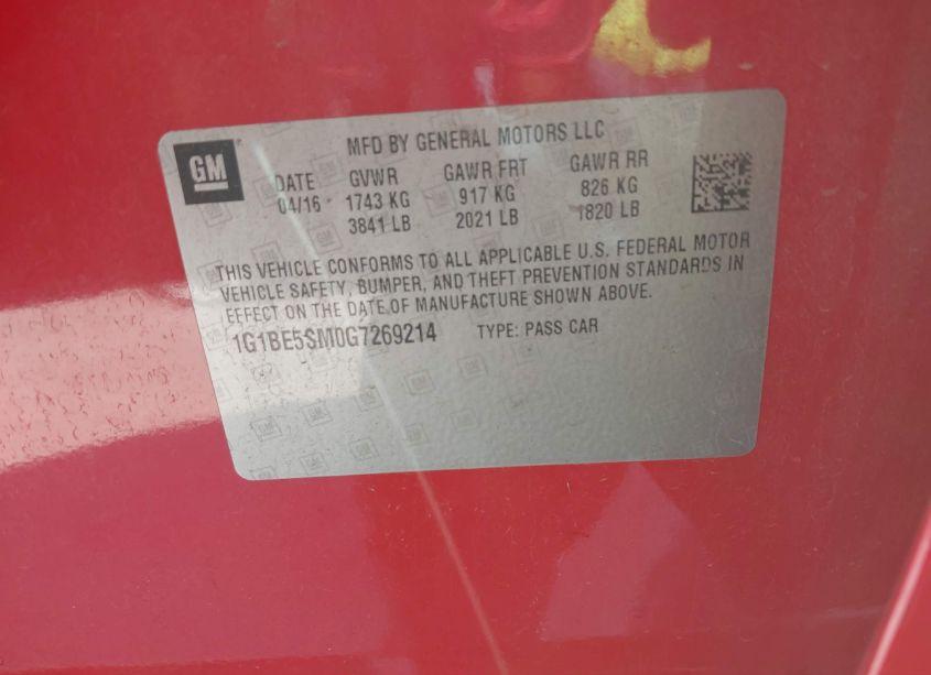 Photo 9 of 2016 Chevrolet Cruze LT AUTO (VIN 1G1BE5SM0G7269214)