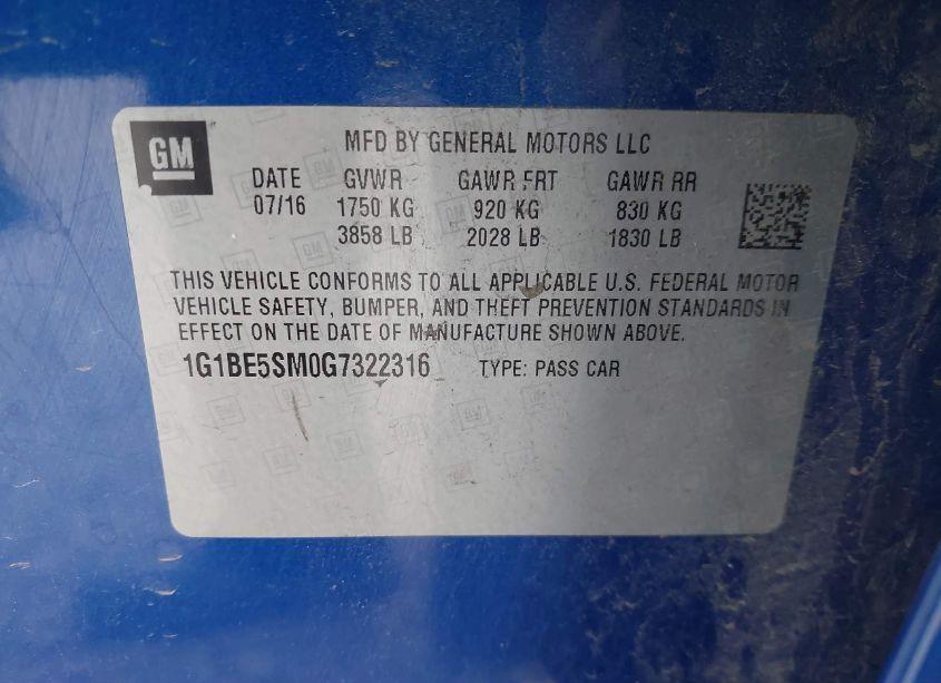Photo 9 of 2016 Chevrolet Cruze LT AUTO (VIN 1G1BE5SM0G7322316)