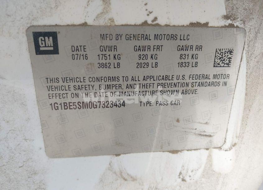 Photo 9 of 2016 Chevrolet Cruze LT AUTO (VIN 1G1BE5SM0G7323434)