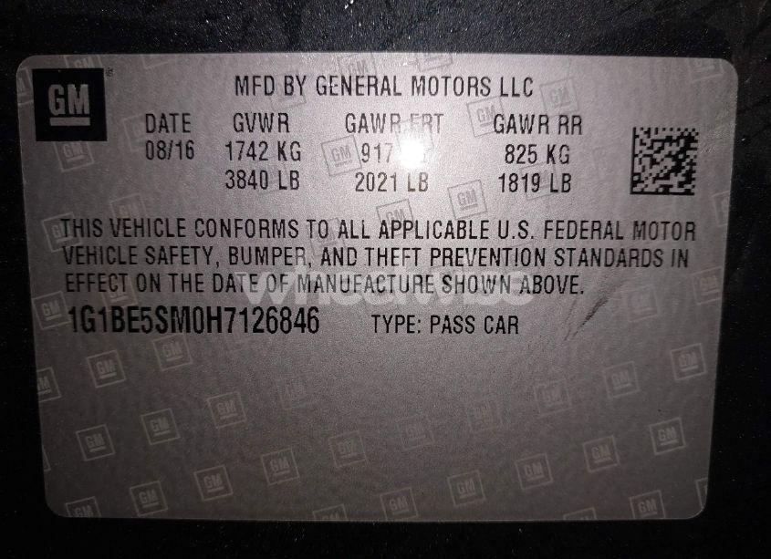 Photo 9 of 2017 Chevrolet Cruze LT AUTO (VIN 1G1BE5SM0H7126846)