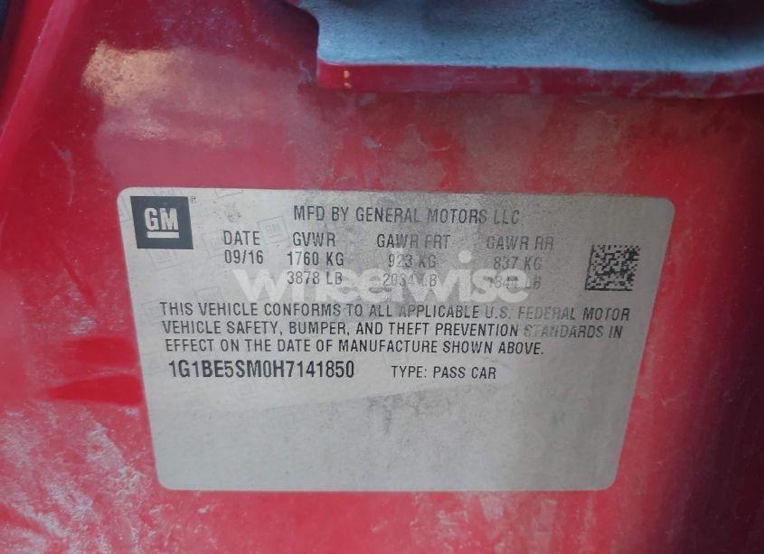 Photo 9 of 2017 Chevrolet Cruze LT AUTO (VIN 1G1BE5SM0H7141850)