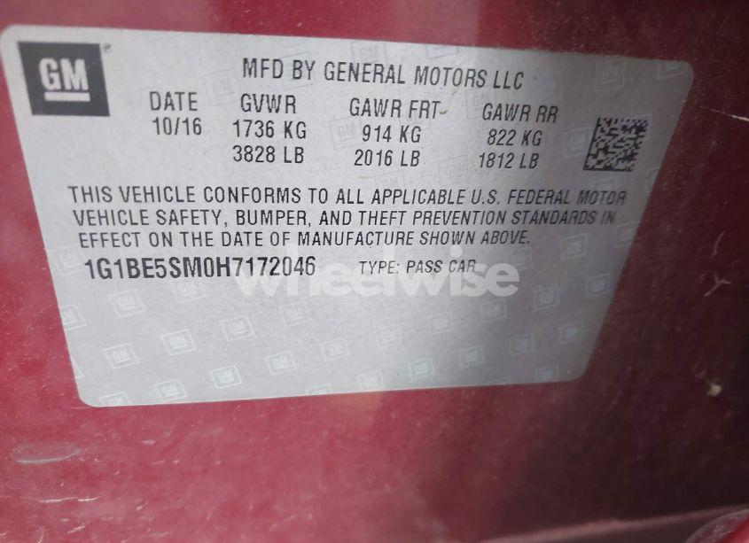 Photo 9 of 2017 Chevrolet Cruze LT AUTO (VIN 1G1BE5SM0H7172046)