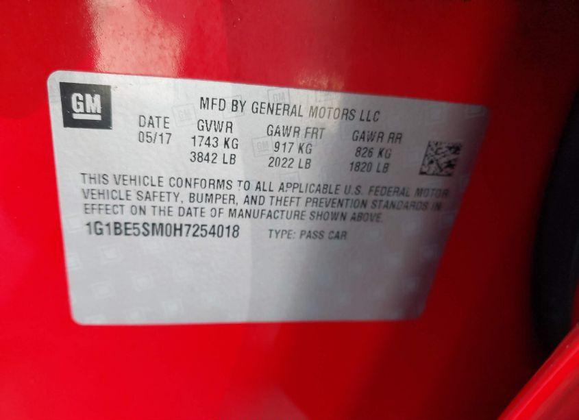 Photo 9 of 2017 Chevrolet Cruze LT AUTO (VIN 1G1BE5SM0H7254018)