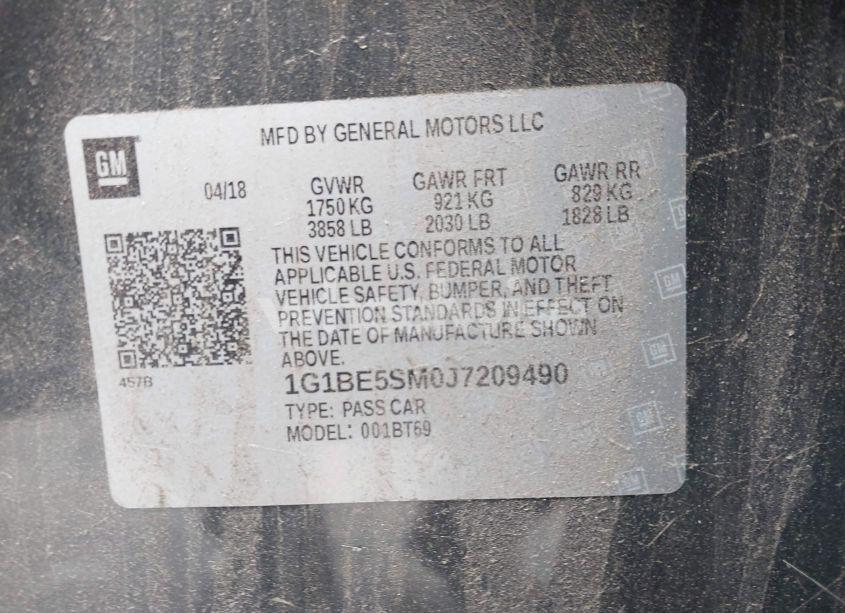 Photo 9 of 2018 Chevrolet Cruze LT AUTO (VIN 1G1BE5SM0J7209490)