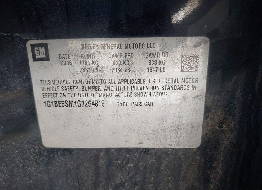 Photo 9 of 2016 Chevrolet Cruze LT AUTO (VIN 1G1BE5SM1G7254818)