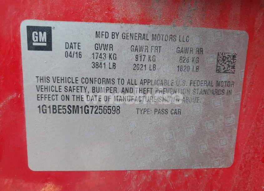 Photo 9 of 2016 Chevrolet Cruze LT AUTO (VIN 1G1BE5SM1G7256598)