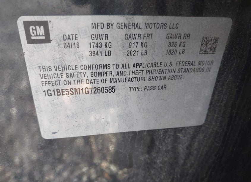Photo 9 of 2016 Chevrolet Cruze LT AUTO (VIN 1G1BE5SM1G7260585)