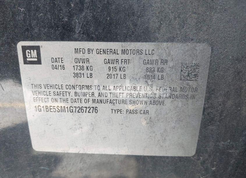 Photo 9 of 2016 Chevrolet Cruze LT AUTO (VIN 1G1BE5SM1G7267276)
