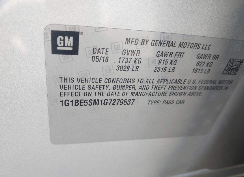 Photo 9 of 2016 Chevrolet Cruze LT AUTO (VIN 1G1BE5SM1G7279637)