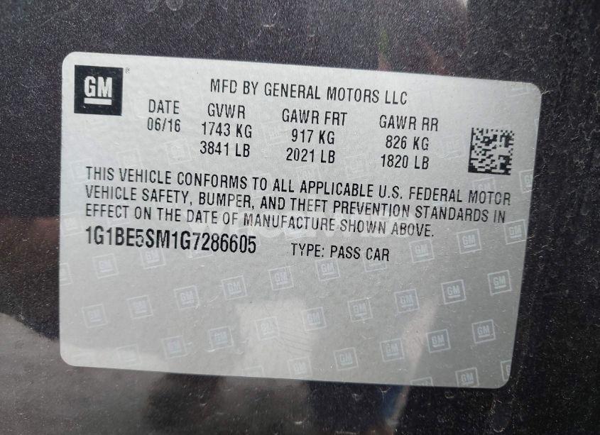 Photo 9 of 2016 Chevrolet Cruze LT AUTO (VIN 1G1BE5SM1G7286605)