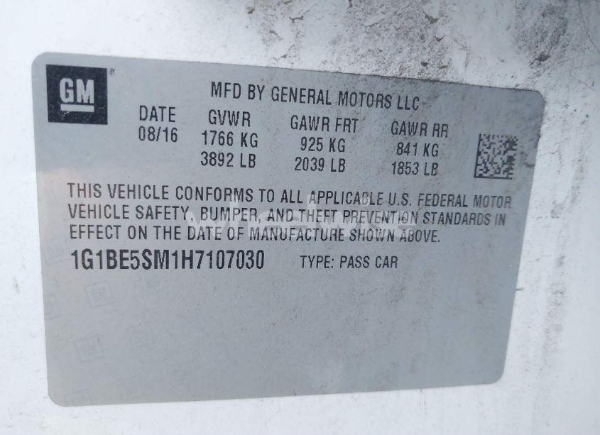 Photo 9 of 2017 Chevrolet Cruze LT AUTO (VIN 1G1BE5SM1H7107030)