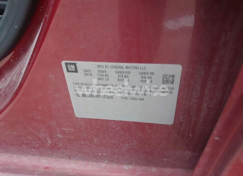 Photo 9 of 2017 Chevrolet Cruze LT AUTO (VIN 1G1BE5SM1H7137225)