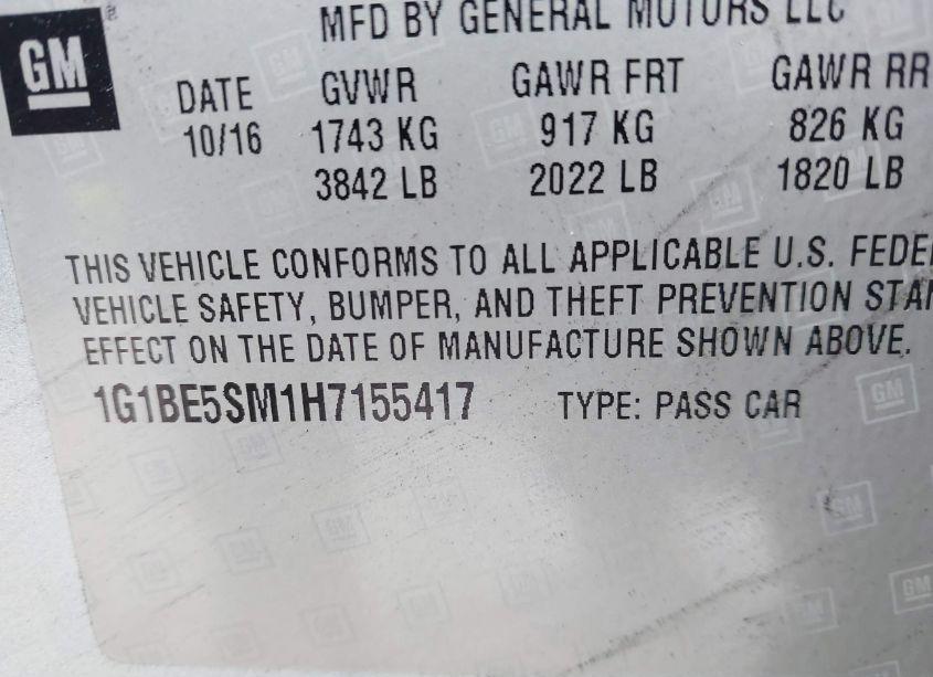 Photo 9 of 2017 Chevrolet Cruze LT AUTO (VIN 1G1BE5SM1H7155417)