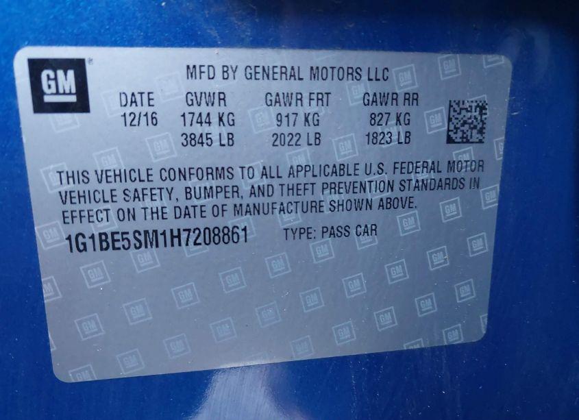 Photo 9 of 2017 Chevrolet Cruze LT AUTO (VIN 1G1BE5SM1H7208861)