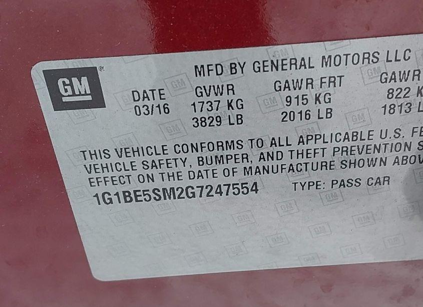 Photo 9 of 2016 Chevrolet Cruze LT AUTO (VIN 1G1BE5SM2G7247554)