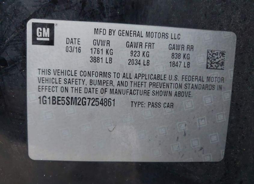 Photo 9 of 2016 Chevrolet Cruze LT AUTO (VIN 1G1BE5SM2G7254861)