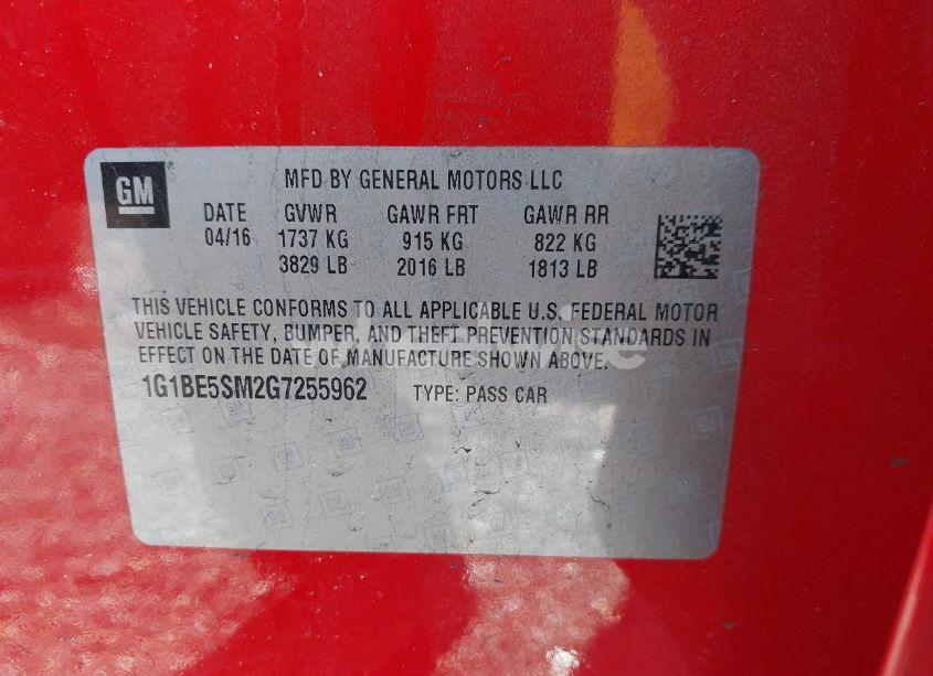 Photo 9 of 2016 Chevrolet Cruze LT AUTO (VIN 1G1BE5SM2G7255962)