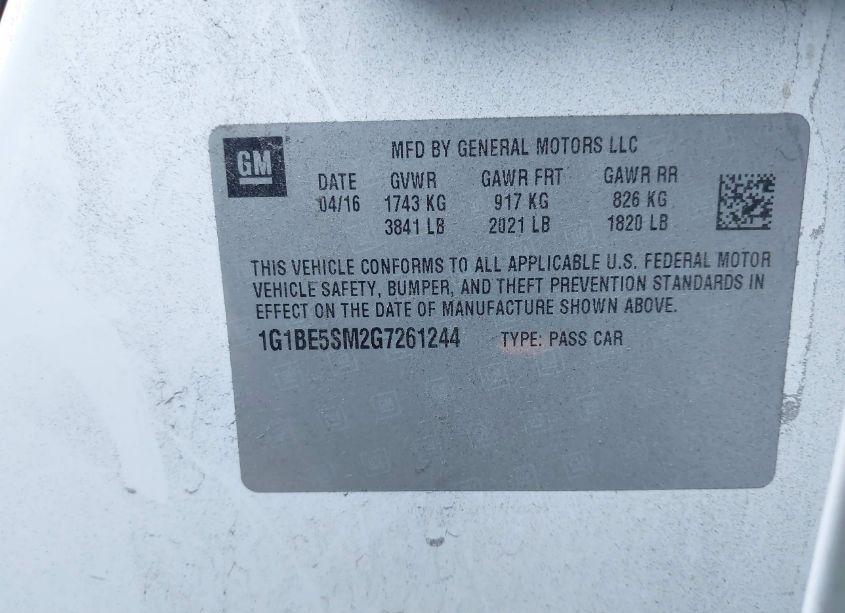 Photo 9 of 2016 Chevrolet Cruze LT AUTO (VIN 1G1BE5SM2G7261244)