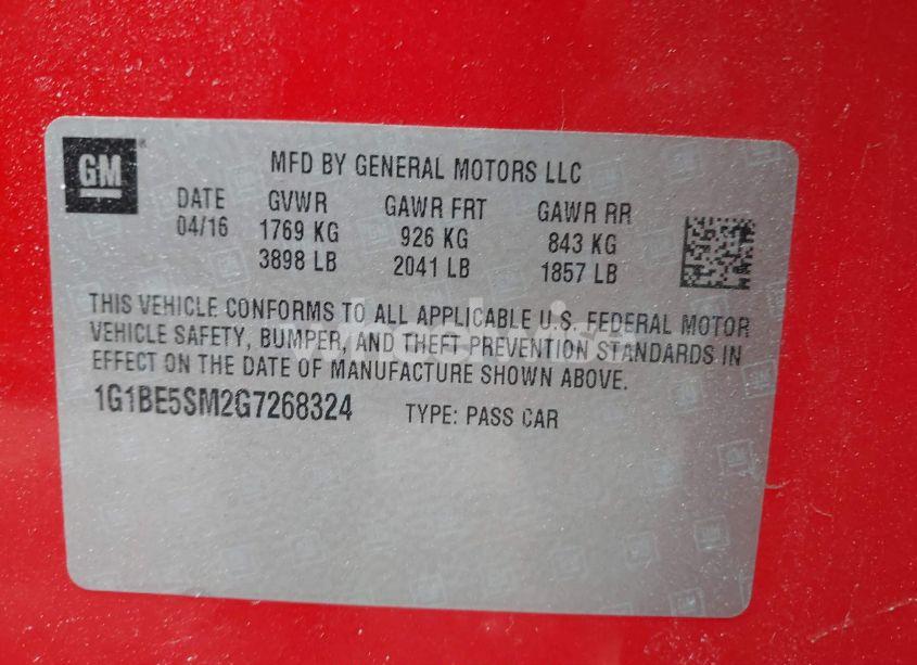 Photo 9 of 2016 Chevrolet Cruze LT AUTO (VIN 1G1BE5SM2G7268324)