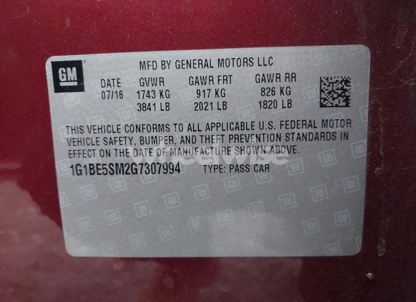 Photo 9 of 2016 Chevrolet Cruze LT AUTO (VIN 1G1BE5SM2G7307994)