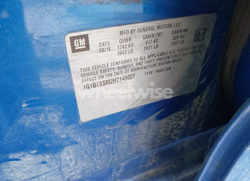 Photo 9 of 2017 Chevrolet Cruze LT AUTO (VIN 1G1BE5SM2H7149027)