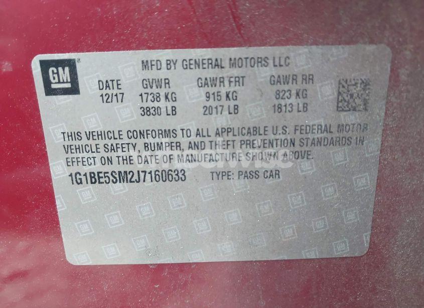 Photo 9 of 2018 Chevrolet Cruze LT AUTO (VIN 1G1BE5SM2J7160633)