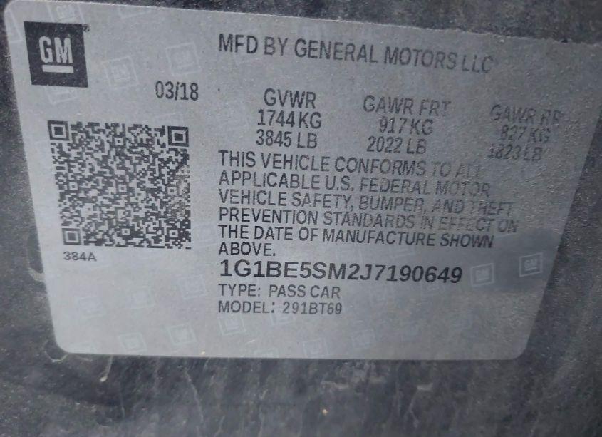 Photo 9 of 2018 Chevrolet Cruze LT AUTO (VIN 1G1BE5SM2J7190649)