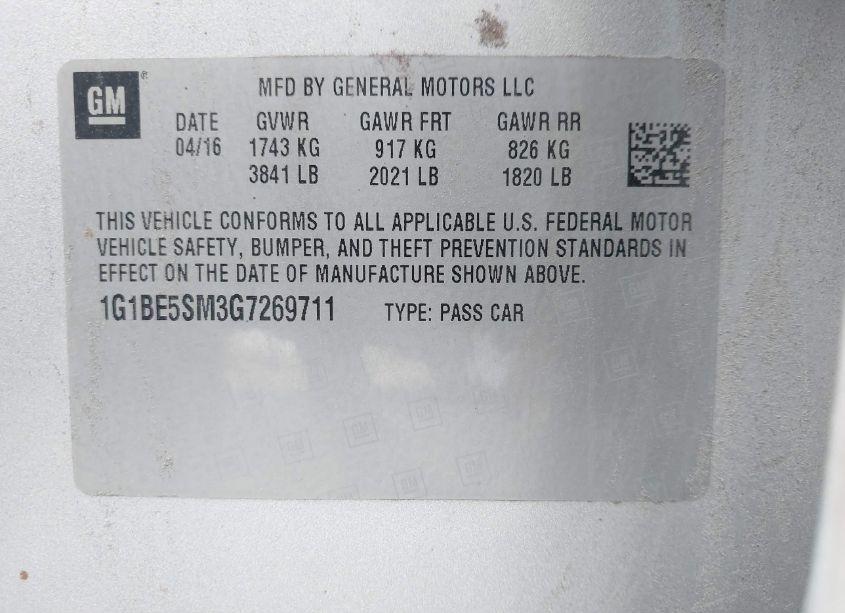 Photo 9 of 2016 Chevrolet Cruze LT AUTO (VIN 1G1BE5SM3G7269711)
