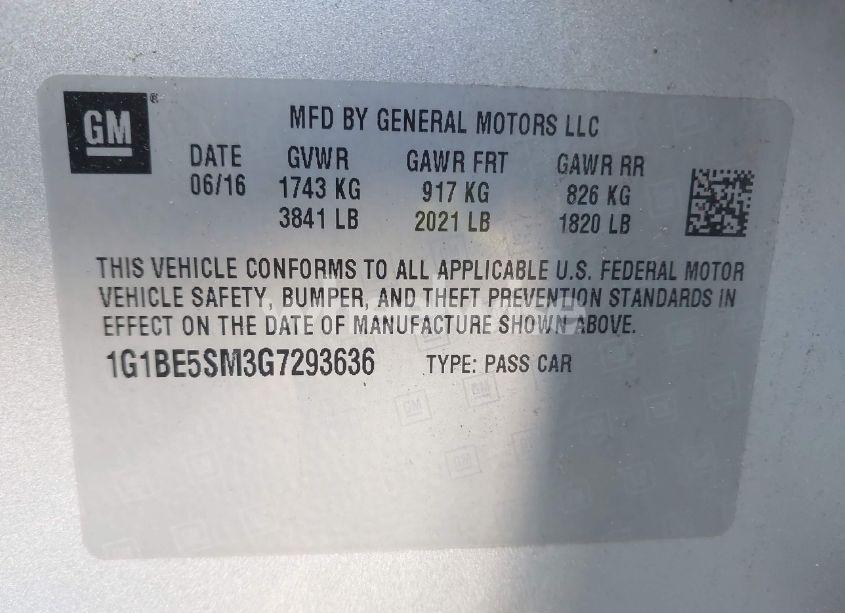 Photo 9 of 2016 Chevrolet Cruze LT AUTO (VIN 1G1BE5SM3G7293636)