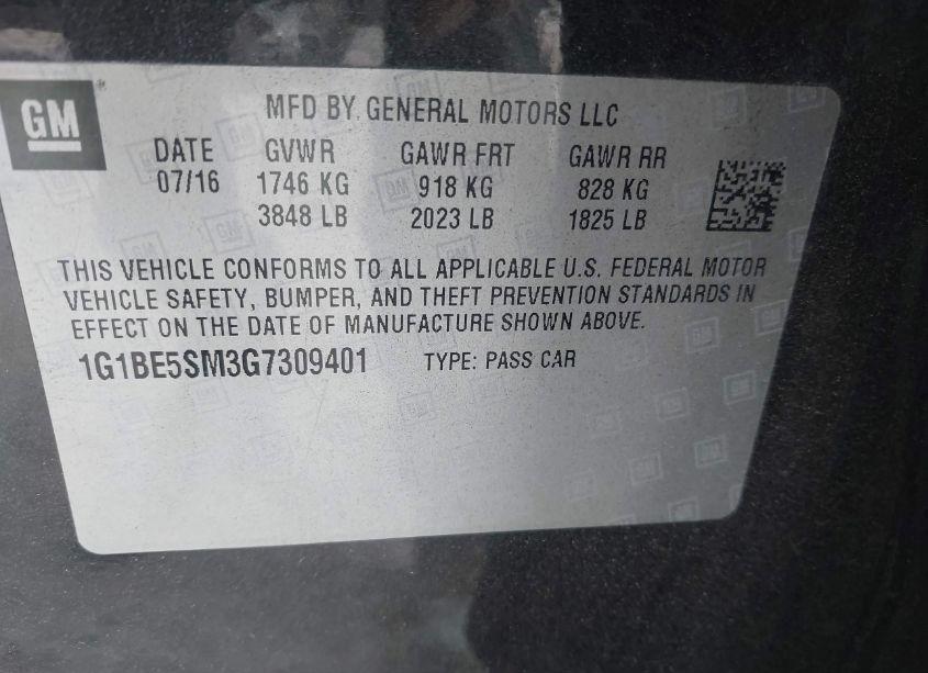 Photo 9 of 2016 Chevrolet Cruze LT AUTO (VIN 1G1BE5SM3G7309401)