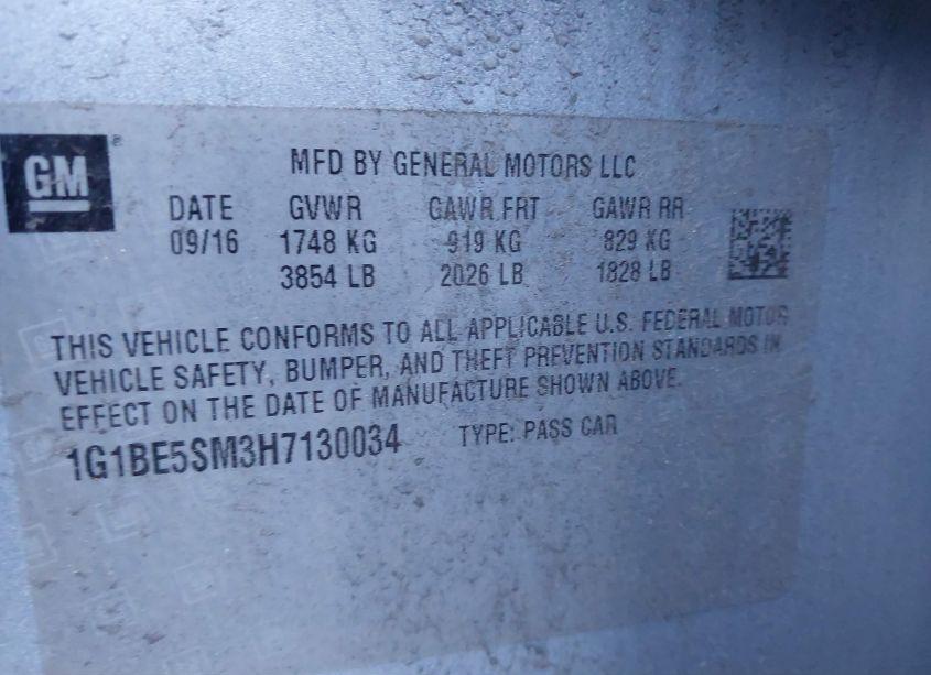 Photo 9 of 2017 Chevrolet Cruze LT AUTO (VIN 1G1BE5SM3H7130034)