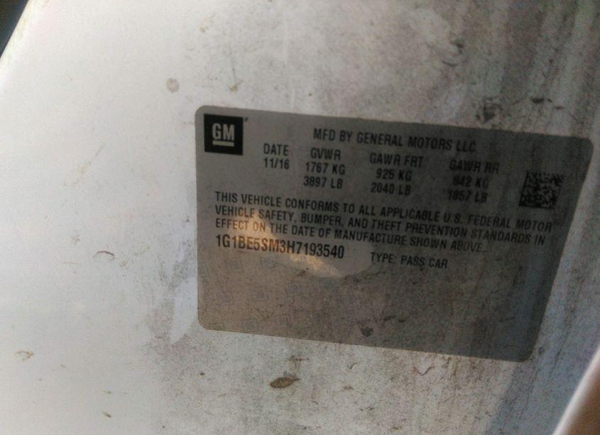 Photo 9 of 2017 Chevrolet Cruze LT AUTO (VIN 1G1BE5SM3H7193540)