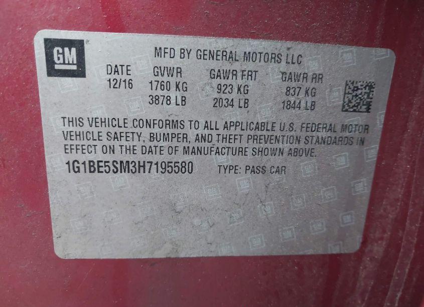 Photo 9 of 2017 Chevrolet Cruze LT AUTO (VIN 1G1BE5SM3H7195580)