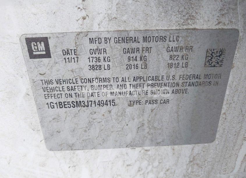 Photo 9 of 2018 Chevrolet Cruze LT AUTO (VIN 1G1BE5SM3J7149415)