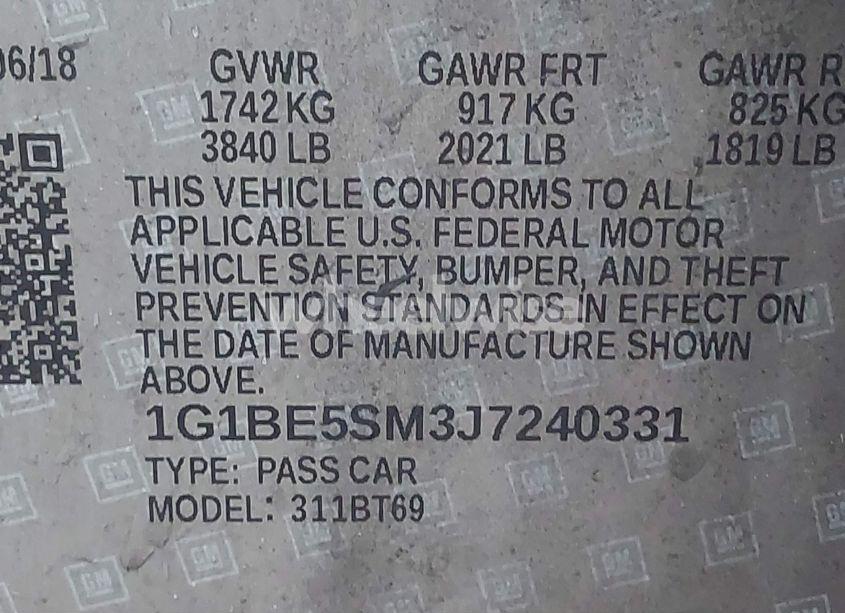 Photo 9 of 2018 Chevrolet Cruze LT AUTO (VIN 1G1BE5SM3J7240331)