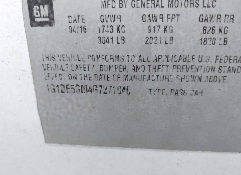Photo 9 of 2016 Chevrolet Cruze LT AUTO (VIN 1G1BE5SM4G7271046)