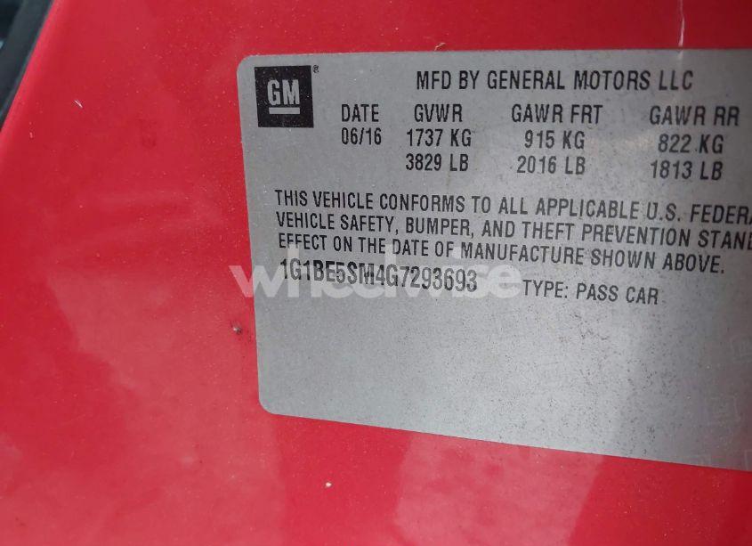 Photo 9 of 2016 Chevrolet Cruze LT AUTO (VIN 1G1BE5SM4G7293693)