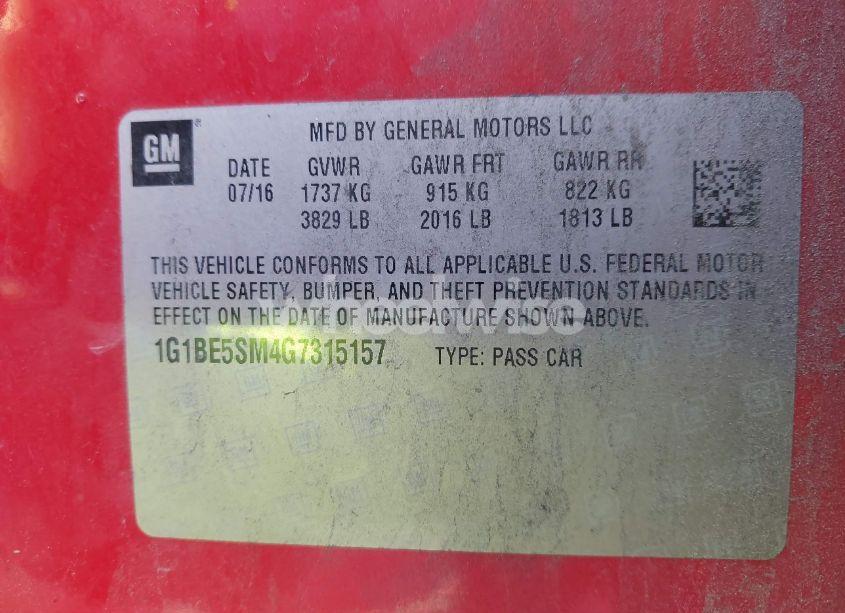 Photo 9 of 2016 Chevrolet Cruze LT AUTO (VIN 1G1BE5SM4G7315157)