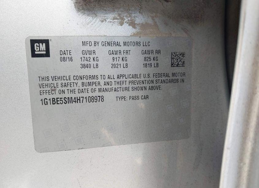 Photo 9 of 2017 Chevrolet Cruze LT AUTO (VIN 1G1BE5SM4H7108978)