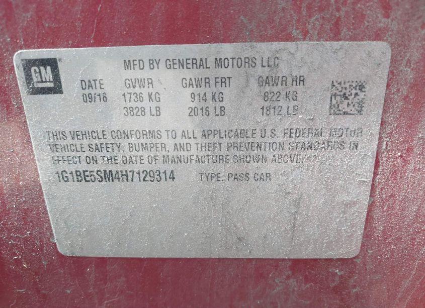 Photo 9 of 2017 Chevrolet Cruze LT AUTO (VIN 1G1BE5SM4H7129314)