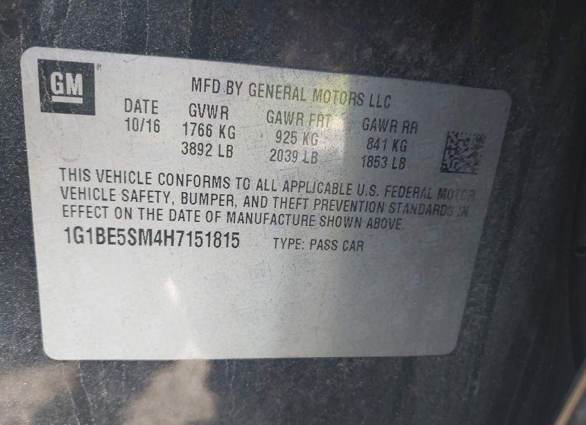 Photo 9 of 2017 Chevrolet Cruze LT AUTO (VIN 1G1BE5SM4H7151815)