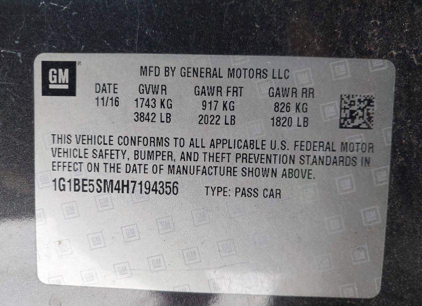 Photo 9 of 2017 Chevrolet Cruze LT AUTO (VIN 1G1BE5SM4H7194356)