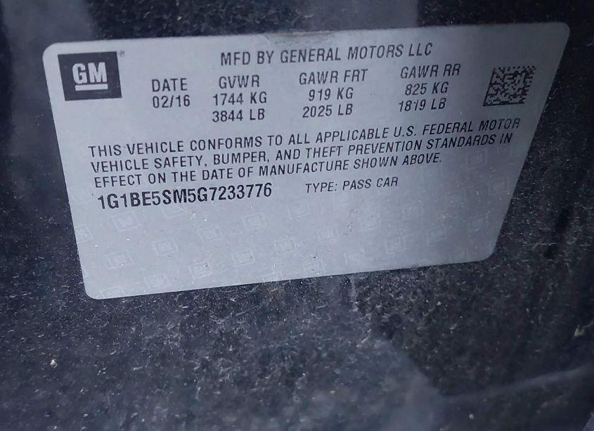 Photo 9 of 2016 Chevrolet Cruze LT AUTO (VIN 1G1BE5SM5G7233776)