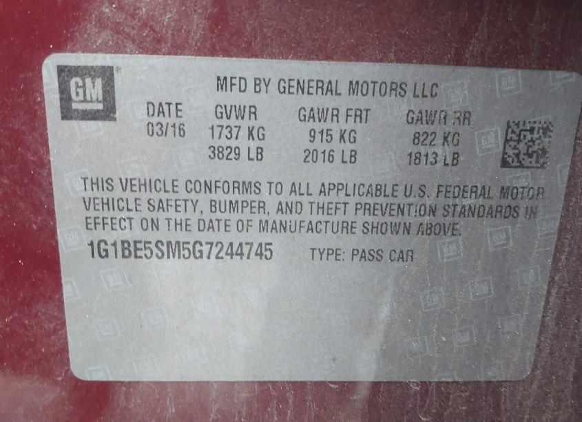 Photo 9 of 2016 Chevrolet Cruze LT AUTO (VIN 1G1BE5SM5G7244745)