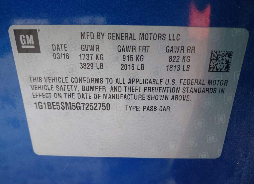 Photo 9 of 2016 Chevrolet Cruze LT AUTO (VIN 1G1BE5SM5G7252750)