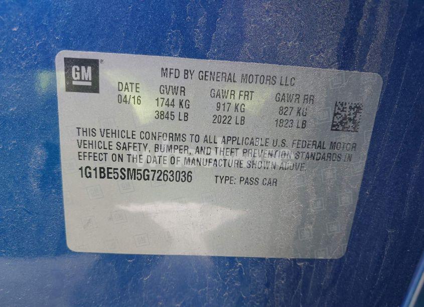 Photo 9 of 2016 Chevrolet Cruze LT AUTO (VIN 1G1BE5SM5G7263036)