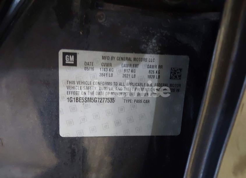 Photo 9 of 2016 Chevrolet Cruze LT AUTO (VIN 1G1BE5SM5G7277535)