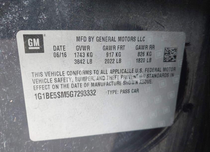 Photo 9 of 2016 Chevrolet Cruze LT AUTO (VIN 1G1BE5SM5G7293332)