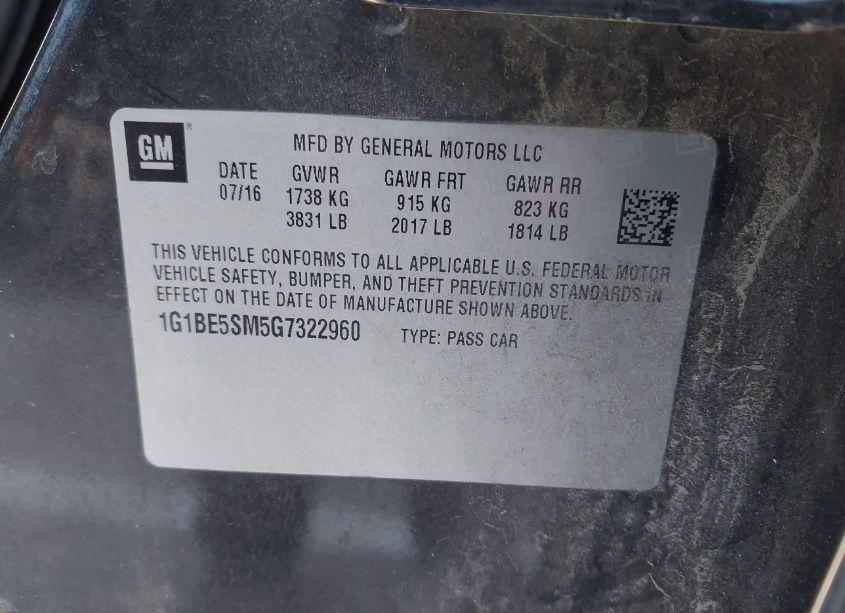 Photo 9 of 2016 Chevrolet Cruze LT AUTO (VIN 1G1BE5SM5G7322960)